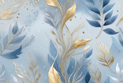 The primary subject of the image is a blue and gold leaf pattern. The setting is a blue background, and the visual style appears to be a digital art or illustration. The dominant colors are blue and gold, creating a calm and serene atmosphere.